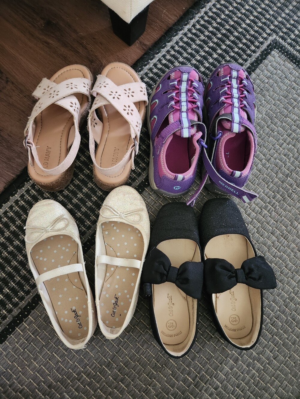 4 Pairs Of Girl's Shoes. Old Navy Sandals, 2 Flats, Merrell Water Shoes Sz 12